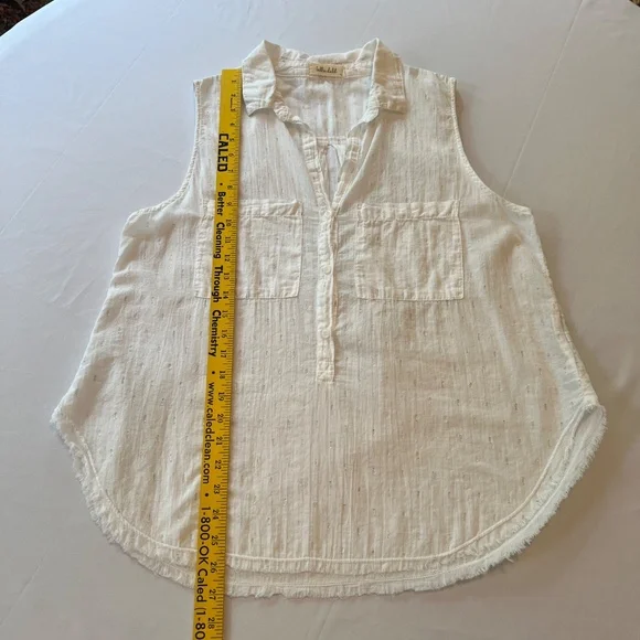 Bella Dahl Half Botton Sleeveless Shirt White/ Silver Pockets Sz L - Picture 6 of 9
